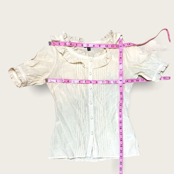 BCBGMaxAzria Women’s Cream Lightweight Semi-Sheer Ruffle Neck Button Down Top S - Picture 12 of 12